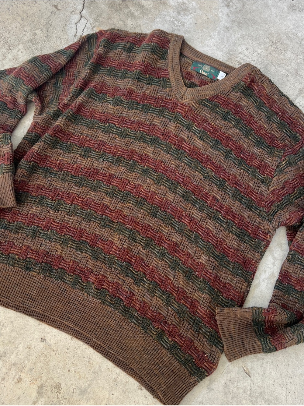 Vintage 90s Orvis Made in USA Textured Basketweave V-Neck Sweater Size L